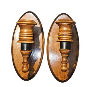 Set of 2 Vtg Homco 8" Oval Wooden Candle Wall Sconces with Black Metal Scrolls